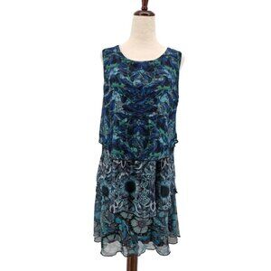 Desigual Womens Small Dress Mini Tiered Floral Mesh Blue Green Party Retro Boho